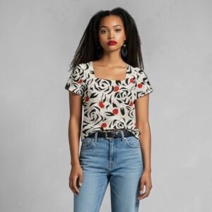 Vintage 90s Petite Blouse Abstract Rose Print Square Neck Red Black White 4P